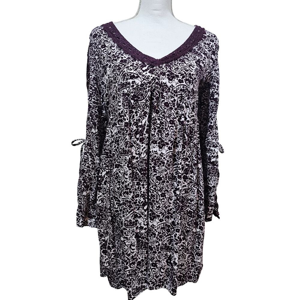 Roxy Boho Tunic Top Medium Purple Paisley Bell Sleeve Festival